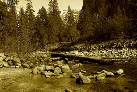 Sepia tone of river in Yosemite national parkの写真素材