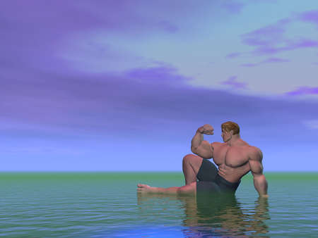 Posing illustrated body builder in a seascapeの写真素材