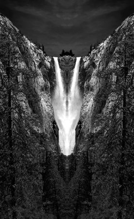 Monochrome double waterfall in Yosemite National Forestの写真素材
