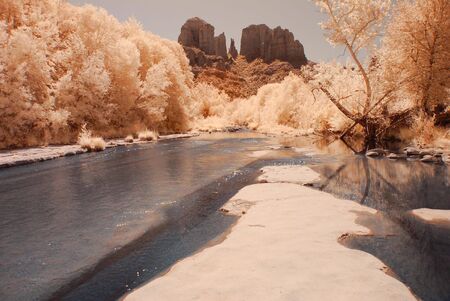 River in the winter Arizona desert mountainsの写真素材