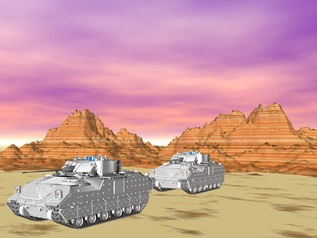 Illustration of Bradley fighting vehicles lined up in the desert