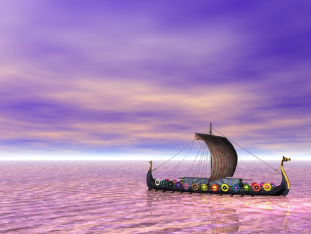Viking ship, or drakkar, sailing on the seaの写真素材