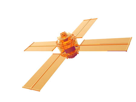 3D illustration of a gold satellite isolated over whiteの写真素材
