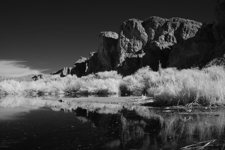Black and white desert pond and mountainsの写真素材