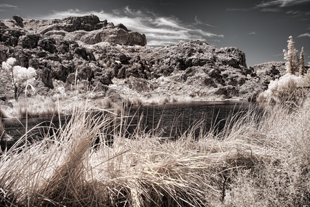 An Arizona desert pond rocks and mountains 
の写真素材
