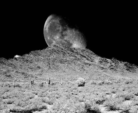 Desert moon over the southwestern USA desert and mountainsの写真素材
