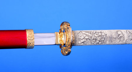 Samurai sword, Katana, Wakizashi and Tanto, isolated on blue background