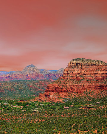 Red skies Red Rock country mountains surrounding Sedona Arizonaの写真素材