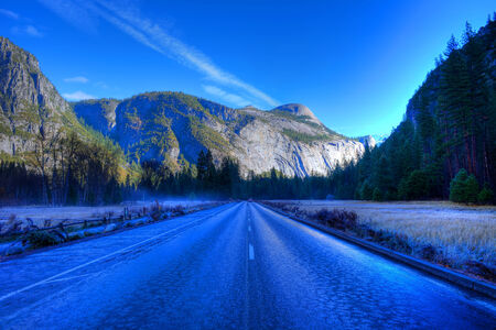 Icy road Yosemite Valley National Park California in autumnの写真素材
