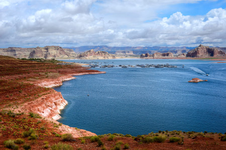 Elevated view Lake Powell and marina in the Arizona Desertの写真素材