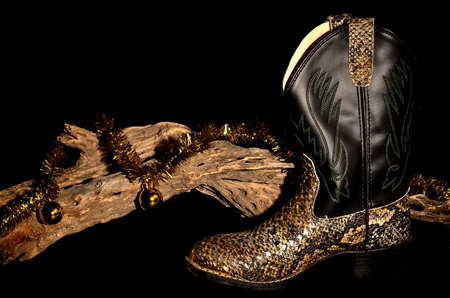 Cowboy christmas with boot, cholla, and ornaments isolated over blackの写真素材