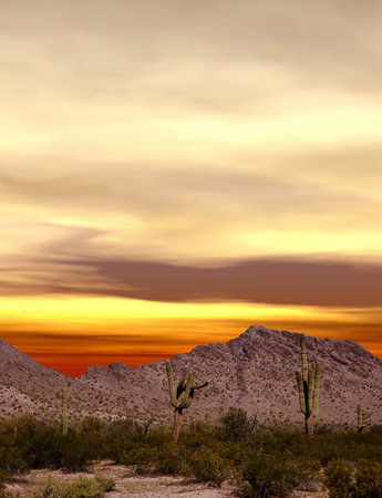 Sunset and mountains in the Sonora desert in central Arizona USAの写真素材