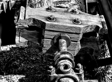 Old Antique Wooden Shaft Bearing and wooden housingの写真素材