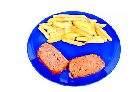 Meatloaf and French Fries on a blue plate isolated over whiteの写真素材