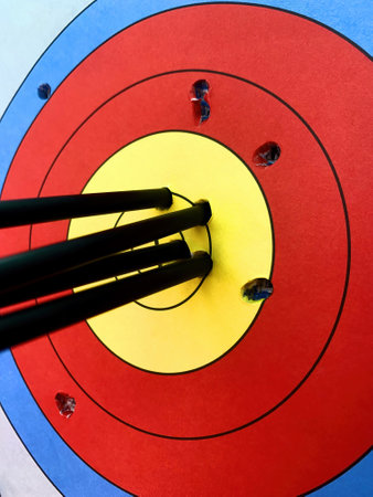 Archery target with all arrows in the 10 center ringの写真素材