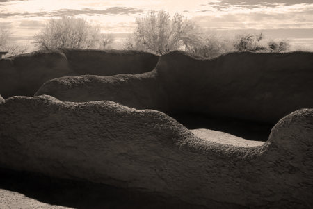 Casa Grande Ruins National Monument of the Pre-columbian Hohokam native Americans in Arizona USA Sepia toned infraredの写真素材