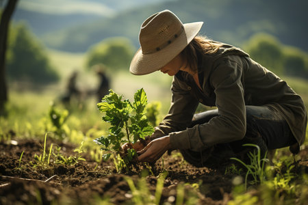 farmer woman sowing a plant in the ground, unrecognizable woman with hatの素材