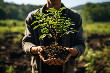 farmer holding in his hand plant with soil, unrecognizable people, environment conceptの素材