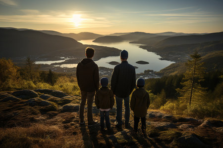 beautiful family standing with their backs on a mountain looking at the landscape, unrecognizable people,の素材