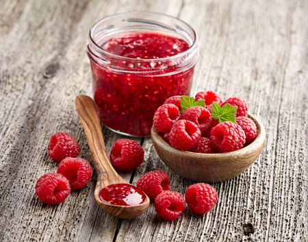 Raspberry jam with berry on a wooden board