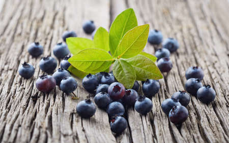 Blueberry with leaves on a wooden boardの写真素材