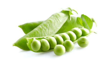 Green peas with leaves on white backgroundの写真素材