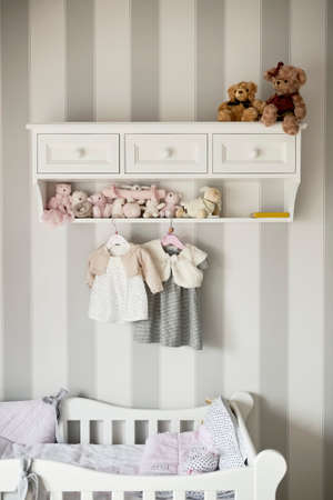 Baby clothes, concept of child fashion. Flat lay childrens clothing and accessories. Baby template background with copy spaceの写真素材