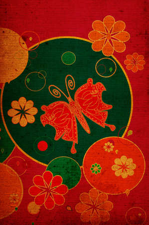 Very colorful composition with butterflies and flowers, retro style designの写真素材
