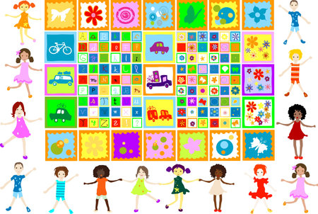 children playing, butterflies, flowers, cars and letters の写真素材