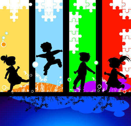 kids silhouettes running and jumping against an abstract backgroundの写真素材