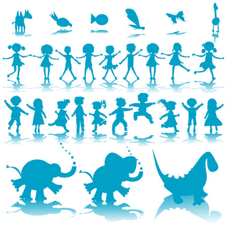 kids and animals silhouettesの写真素材