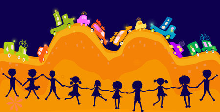 cars caravan, silhouettes, group of kids playing in a landscape の写真素材