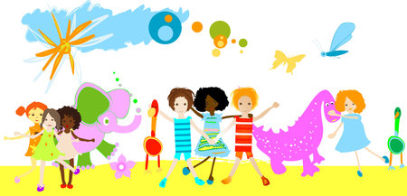 kids playing with dinosaurs and other little animals on a field の写真素材