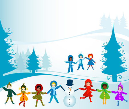 children playing in a winter landscape; Christmas illustrationの写真素材
