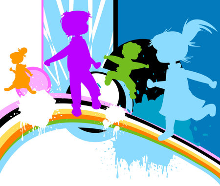 kids silhouettes running and jumpingの写真素材