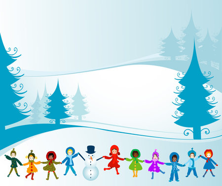 children playing in a winter landscapeの写真素材