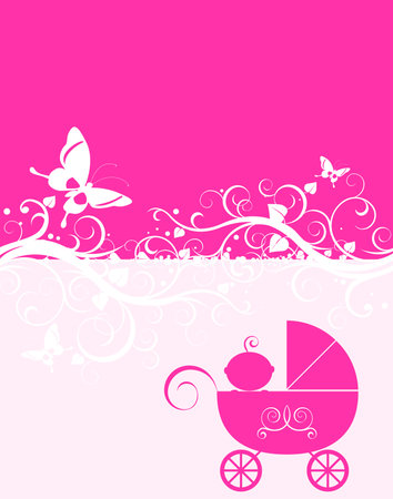 baby arrival design, baby girl in her little carriageのイラスト素材
