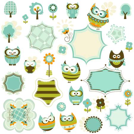 set of owls and framesのイラスト素材