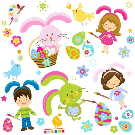 children painting the easter eggs のイラスト素材