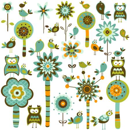 whimsy forest with flower trees and birdsのイラスト素材