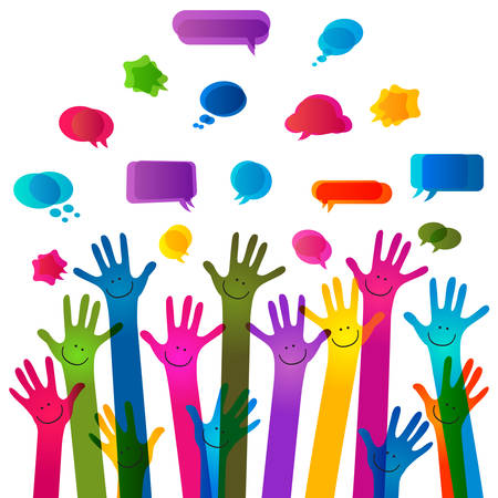 hands with happy faces and bubbles speech, no transparenciesのイラスト素材