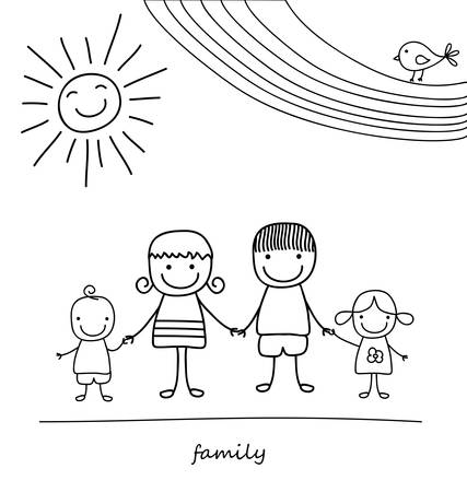 happy family and rainbow, black and white child like drawingのイラスト素材