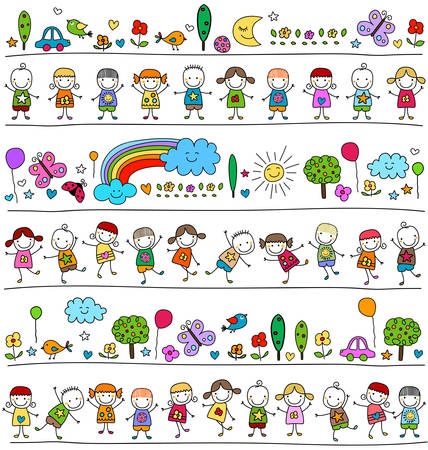colorful pattern with children and cute nature elements, child like drawing styleのイラスト素材