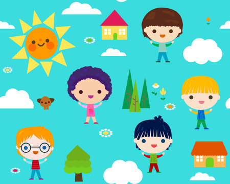summer camp seamless pattern with happy little kidsのイラスト素材