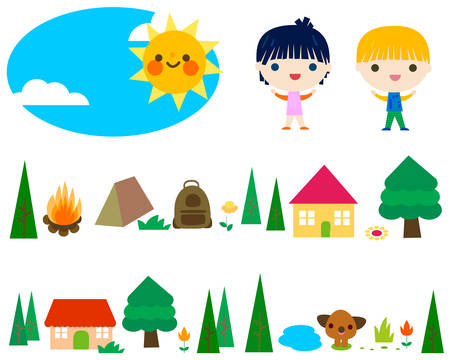 little boy and girl summer campingのイラスト素材