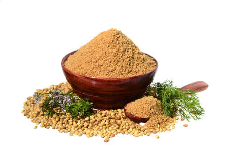 Coriander seeds, Fresh Coriander and Powdered coriander isolated on white backgroundの写真素材