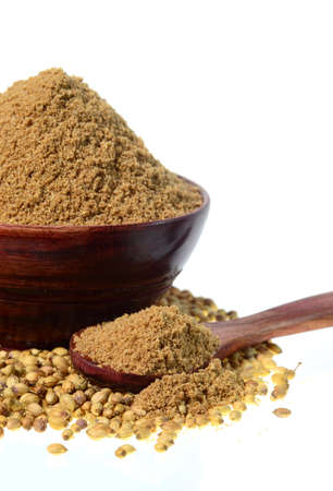 Coriander seeds, Fresh Coriander and Powdered coriander isolated on white background.の写真素材