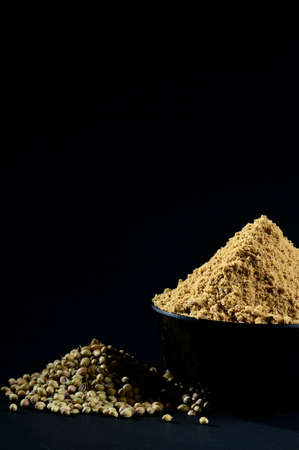 Coriander Powder and Coriander seeds on black backgroundの写真素材