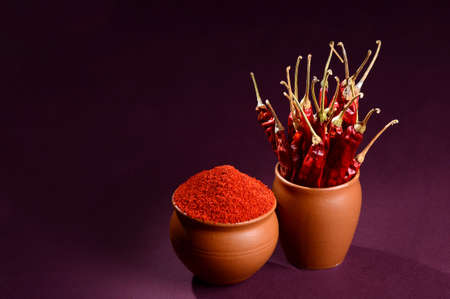 chilly powder with red chilly in clay pots, dried chillies on dark backgroundの写真素材