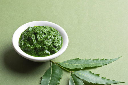 Medicinal Neem leaves with paste in bowl on green backgroundの写真素材